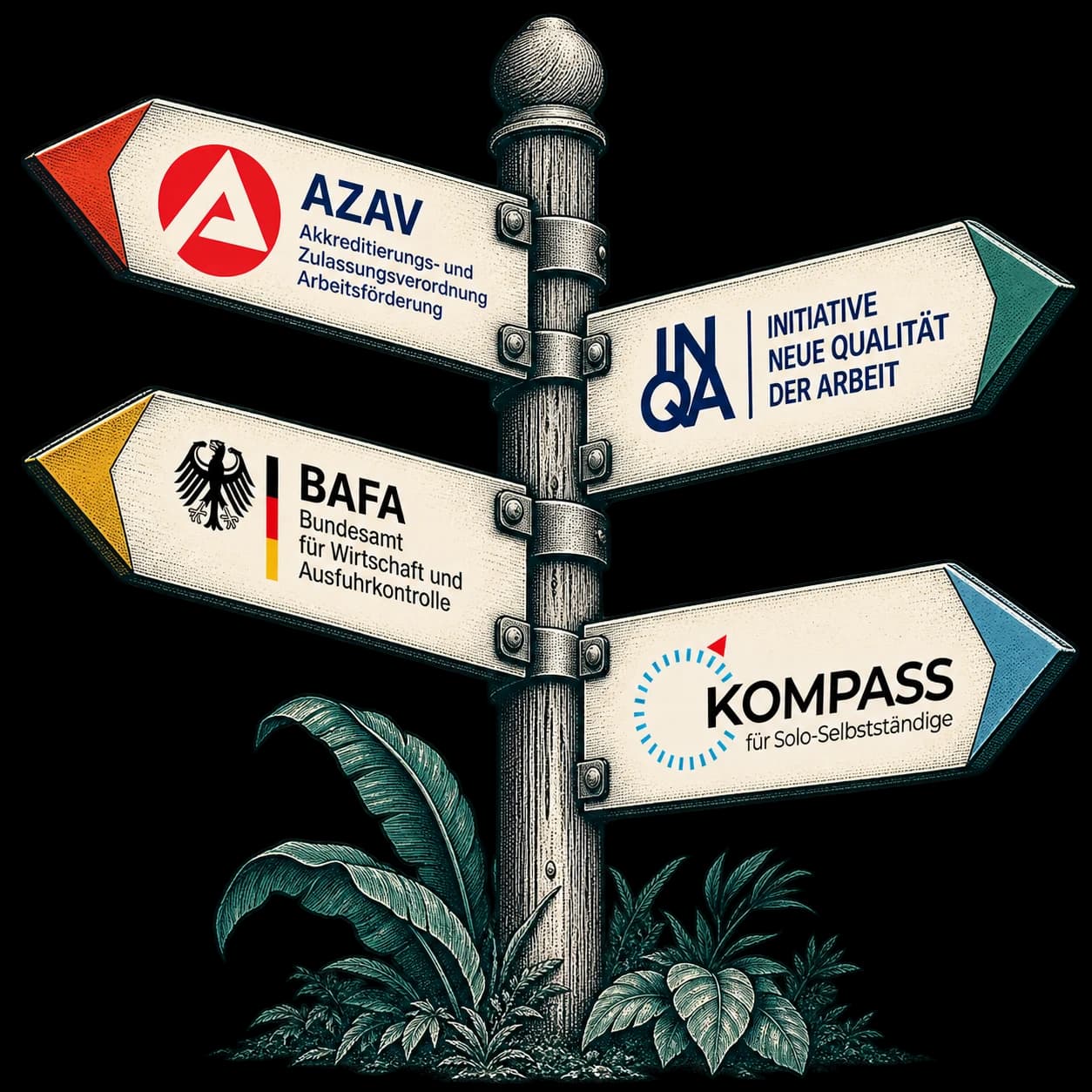Illustration: Wegweiser mit den Schildern AZAV, BAFA, INQA und KOMPASS