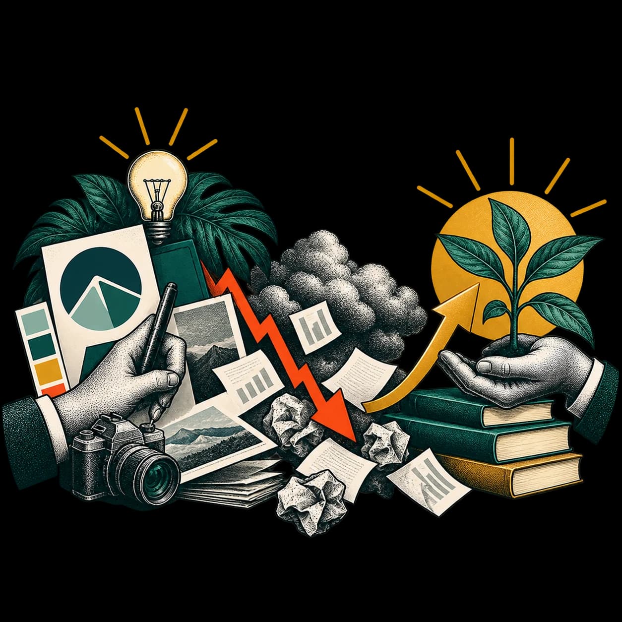 Illustration: Villa mit Palmen, ansteigende Kurve und eine wachsende Pflanze – die TROPEN-Geschichte in einem Bild