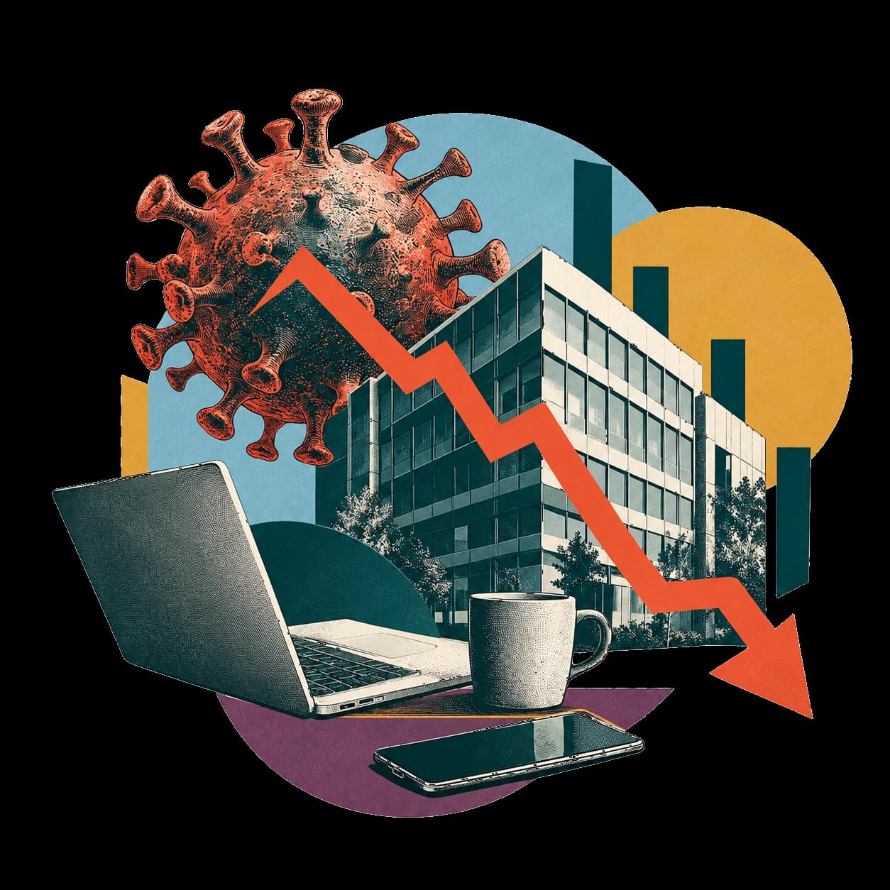 Illustration: Gewitterwolken über der Agentur, eine fallende Kurve