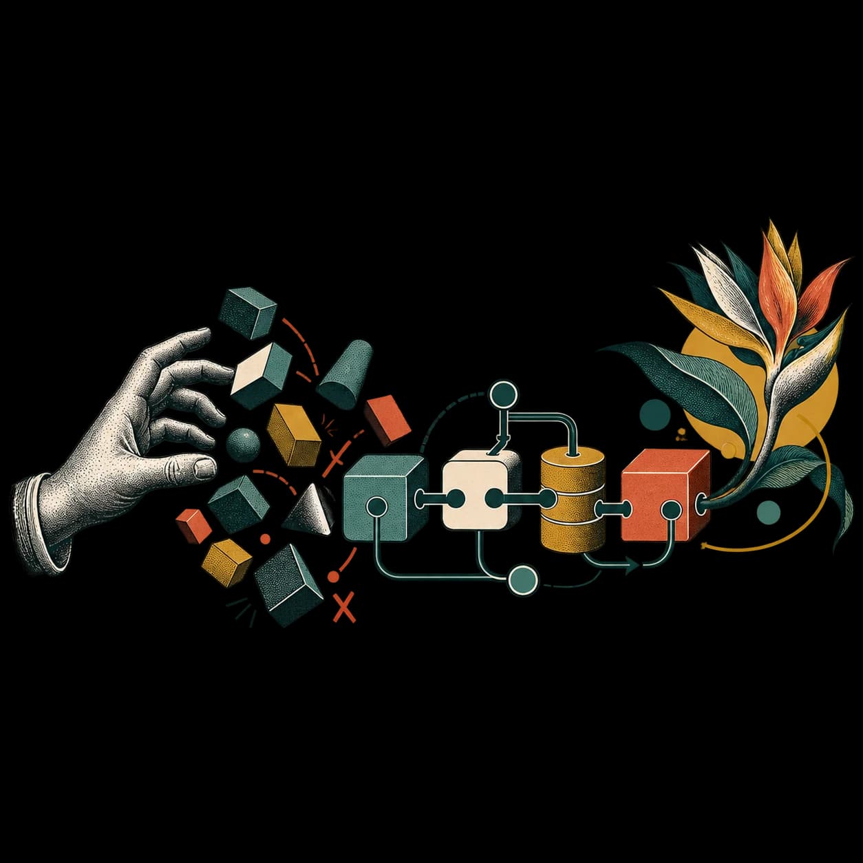 Illustration: eine Hand ordnet verstreute Formen zu einem verbundenen System, das in einer Blüte endet
