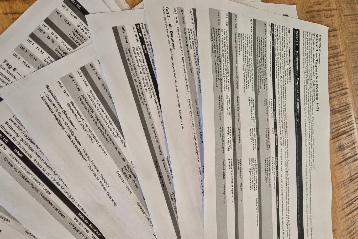 Ausgedruckte Tagespläne der TROPEN Academy, fächerförmig auf einem Holztisch ausgebreitet
