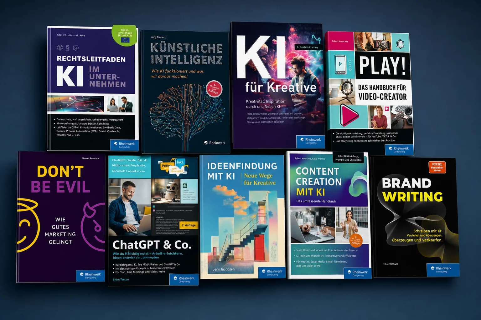 Collage aus Fachbuch-Covern zu KI, Content Creation, Ideenfindung und Brand Writing – die digitale Fachbibliothek