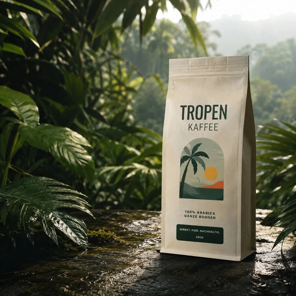 Verpackung der fiktiven Kaffeemarke TROPEN Kaffee vor Dschungelkulisse – der Praxisfall, der sich durch alle Module zieht