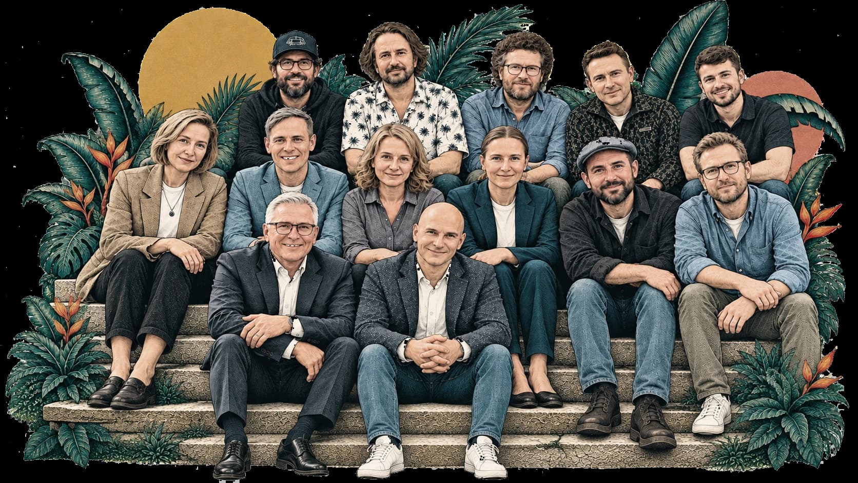 Illustriertes Gruppenbild des TROPEN-Teams, formell auf einer Treppe
