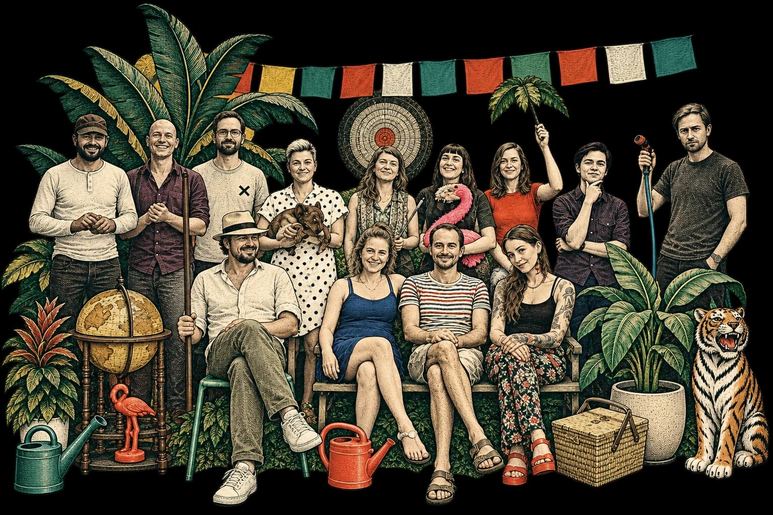 Das TROPEN-Team verspielt mit Requisiten, illustriert im vintage Gravur-Stil