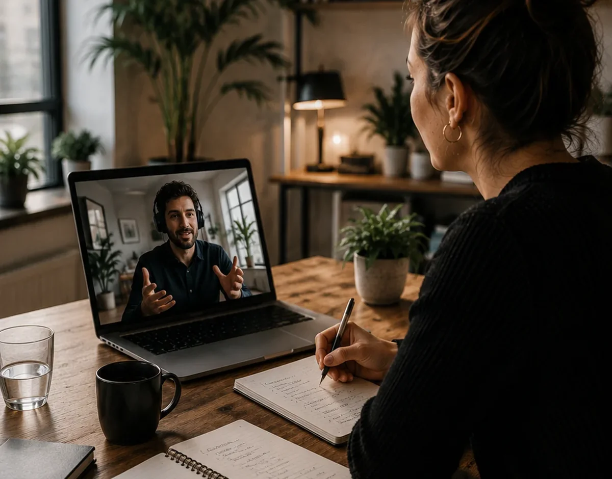 Frau macht sich Notizen im Videocall mit einem Coach am Laptop – Karrierebegleitung im Einzelgespräch