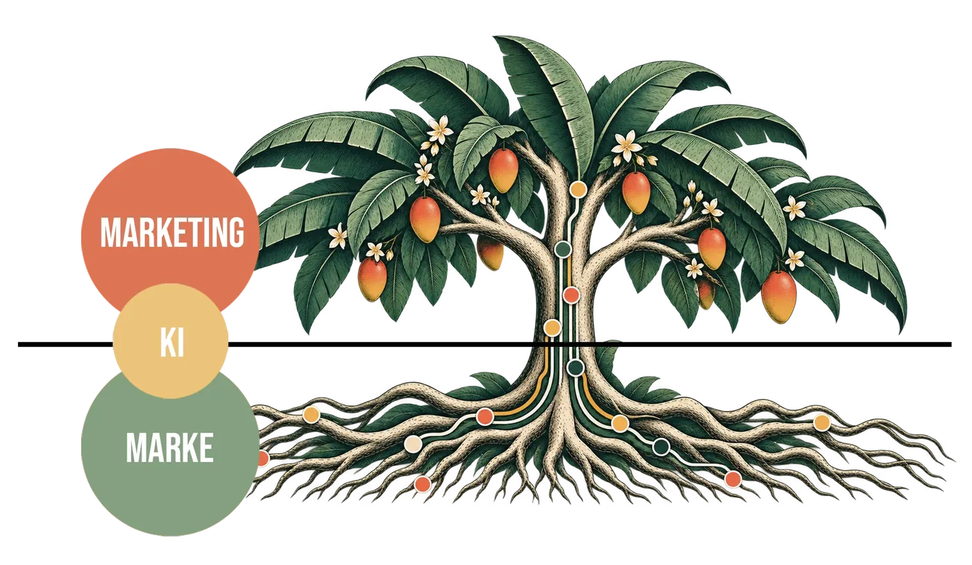 Illustration eines Mangobaums (KI-illustriert): Die Krone steht für Marketing, die Wurzeln für die Marke, KI verbindet beides in der Mitte.