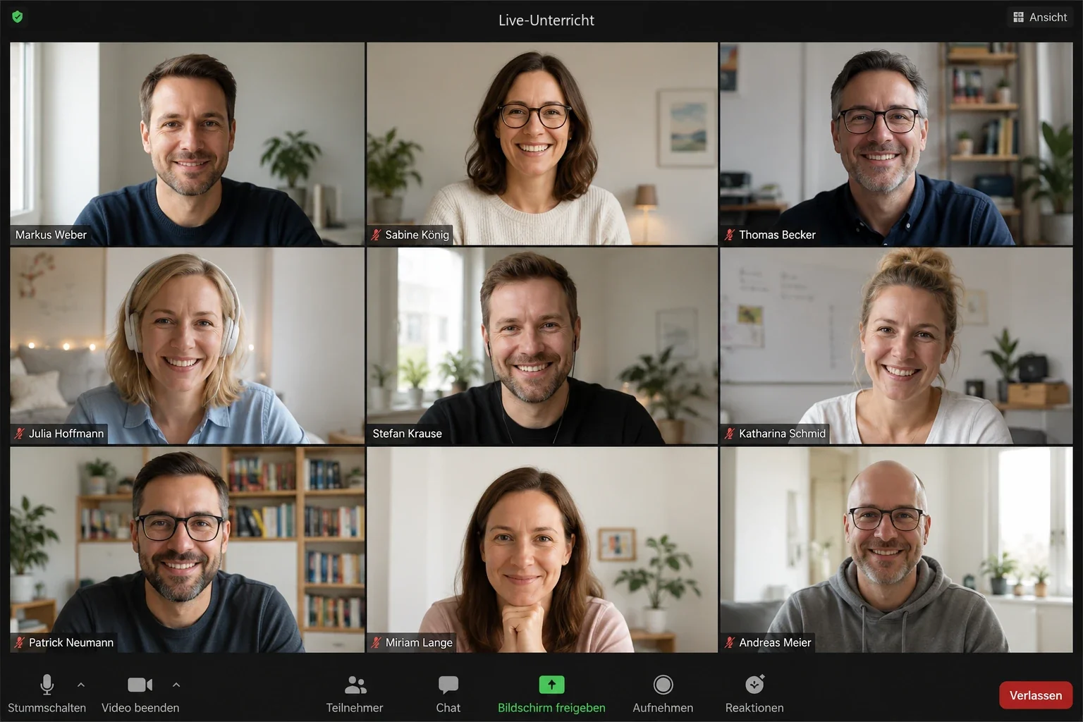 Online-Unterricht: Videokonferenz mit neun lächelnden Teilnehmenden (KI-generiertes Symbolbild)
